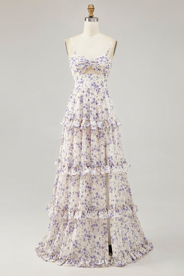 Vestido de invitada de boda con corte de flor púrpura con abertura